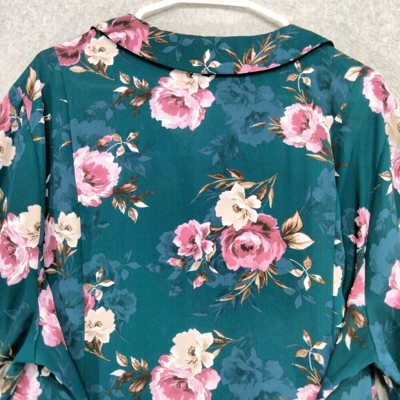 Torrid Harper Blouse Wmns Sz 2 Georgette Teal Floral Long Sleeve Back Tie V-Neck - Picture 10 of 12